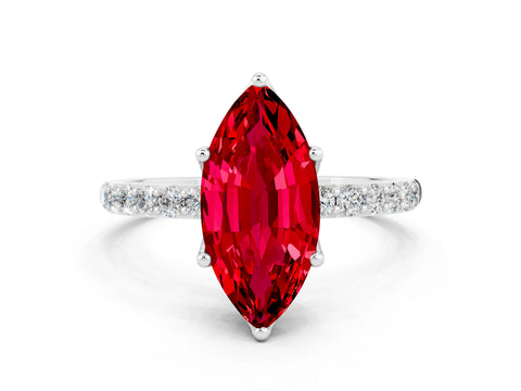 White gold Marquise Cut Ruby Solitaire Engagement Ring with Pavé Band and Prong Setting