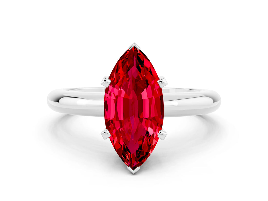 White gold Marquise Cut Ruby Solitaire Engagement Ring with Round Band and Four-Prong Setting