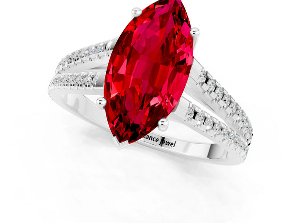 White gold Marquise Cut Ruby Solitaire Engagement Ring with Split Shank Pavé Band