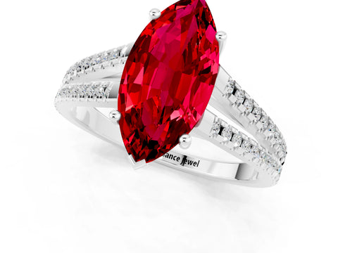 White gold Marquise Cut Ruby Solitaire Engagement Ring with Split Shank Pavé Band_1