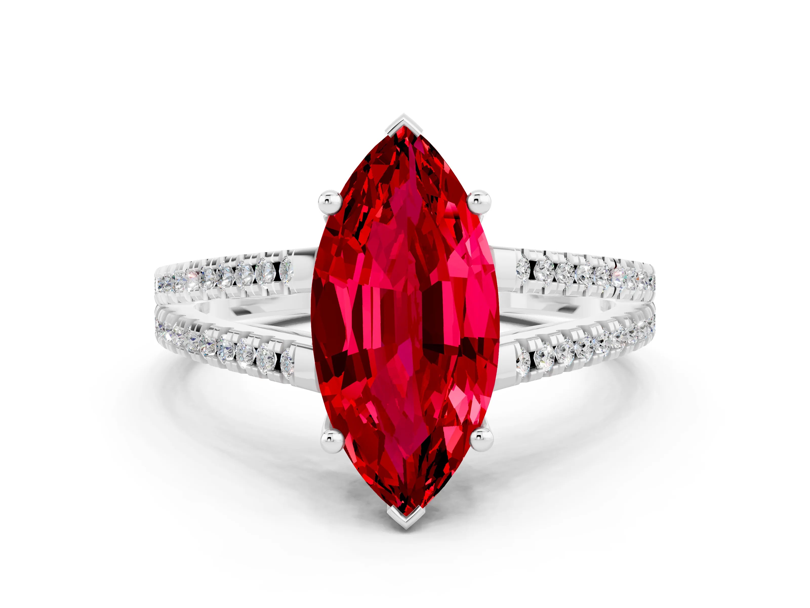 White gold Marquise Cut Ruby Solitaire Engagement Ring with Split Shank Pavé Band