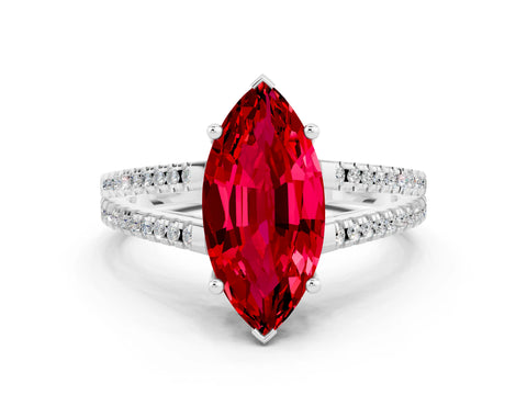 White gold Marquise Cut Ruby Solitaire Engagement Ring with Split Shank Pavé Band