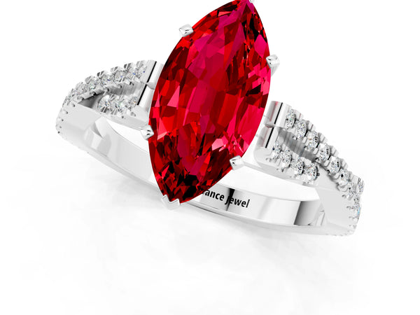 Silver Marquise Cut Ruby Solitaire Engagement Ring with Twisted Pavé Band and Four-Prong Setting