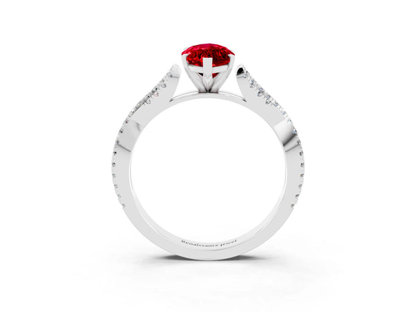 Silver Marquise Cut Ruby Solitaire Engagement Ring with Twisted Pavé Band and Four-Prong Setting