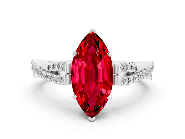 White gold Marquise Cut Ruby Solitaire Engagement Ring with Twisted Pavé Band and Four-Prong Setting