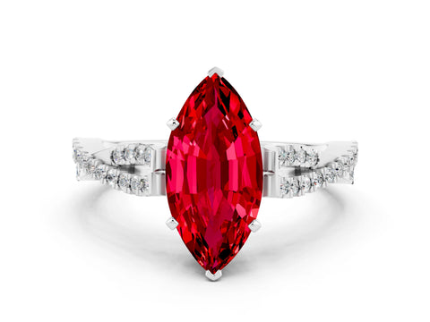 White gold Marquise Cut Ruby Solitaire Engagement Ring with Twisted Pavé Band and Four-Prong Setting