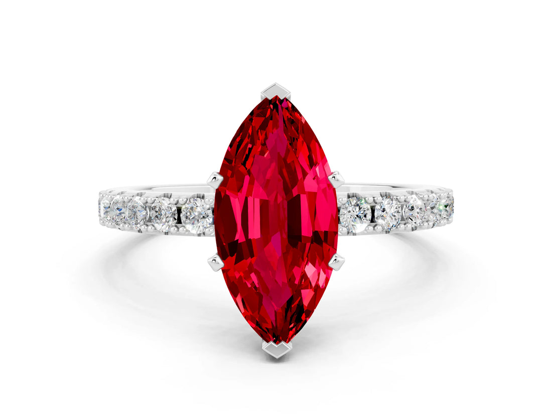 White gold Marquise Cut Ruby Solitaire Pavé Band with Four-Prong Setting
