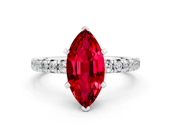 Silver Marquise Cut Ruby Solitaire Pavé Engagement Ring with Round Band and Prong Setting