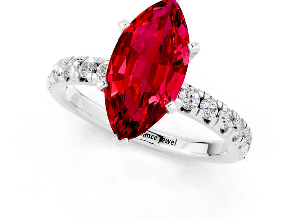 Silver Marquise Cut Ruby Solitaire Pavé Engagement Ring with Round Band and Prong Setting