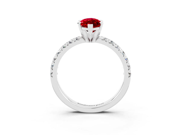 White gold Marquise Cut Ruby Solitaire Pavé Engagement Ring with Round Band and Prong Setting
