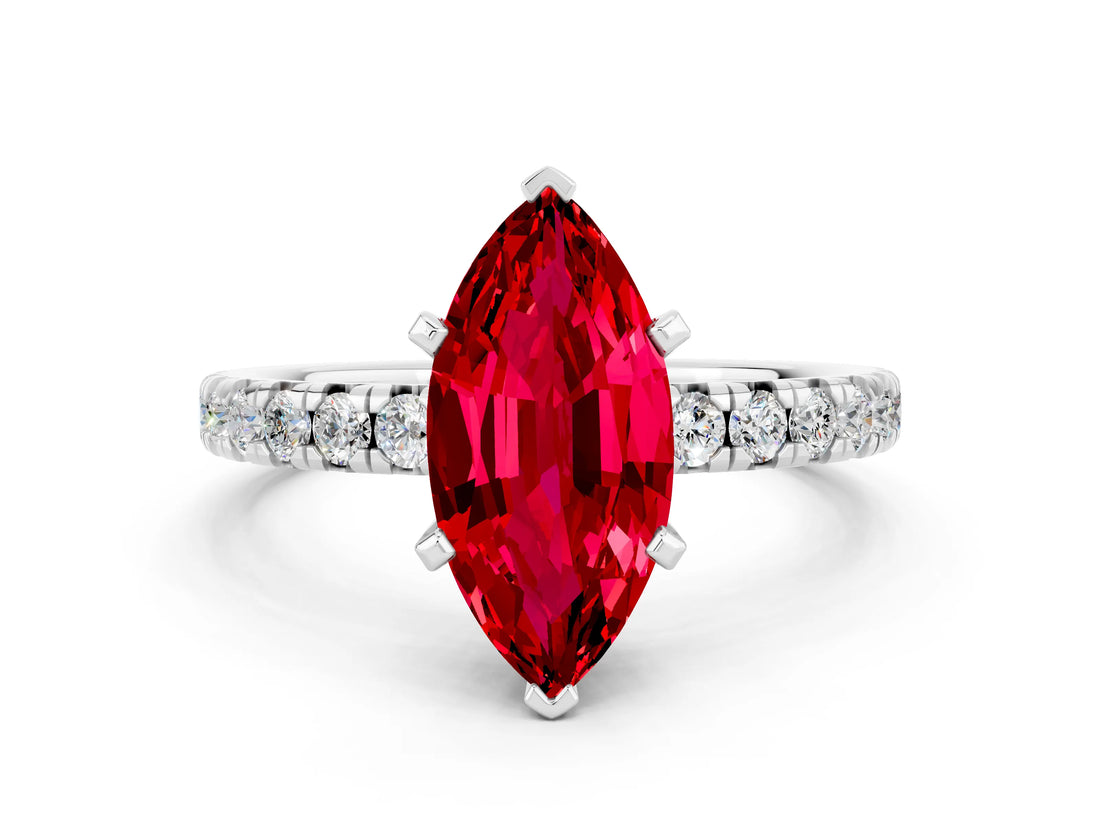 White gold Marquise Cut Ruby Solitaire Pavé Engagement Ring with Round Band and Prong Setting_78