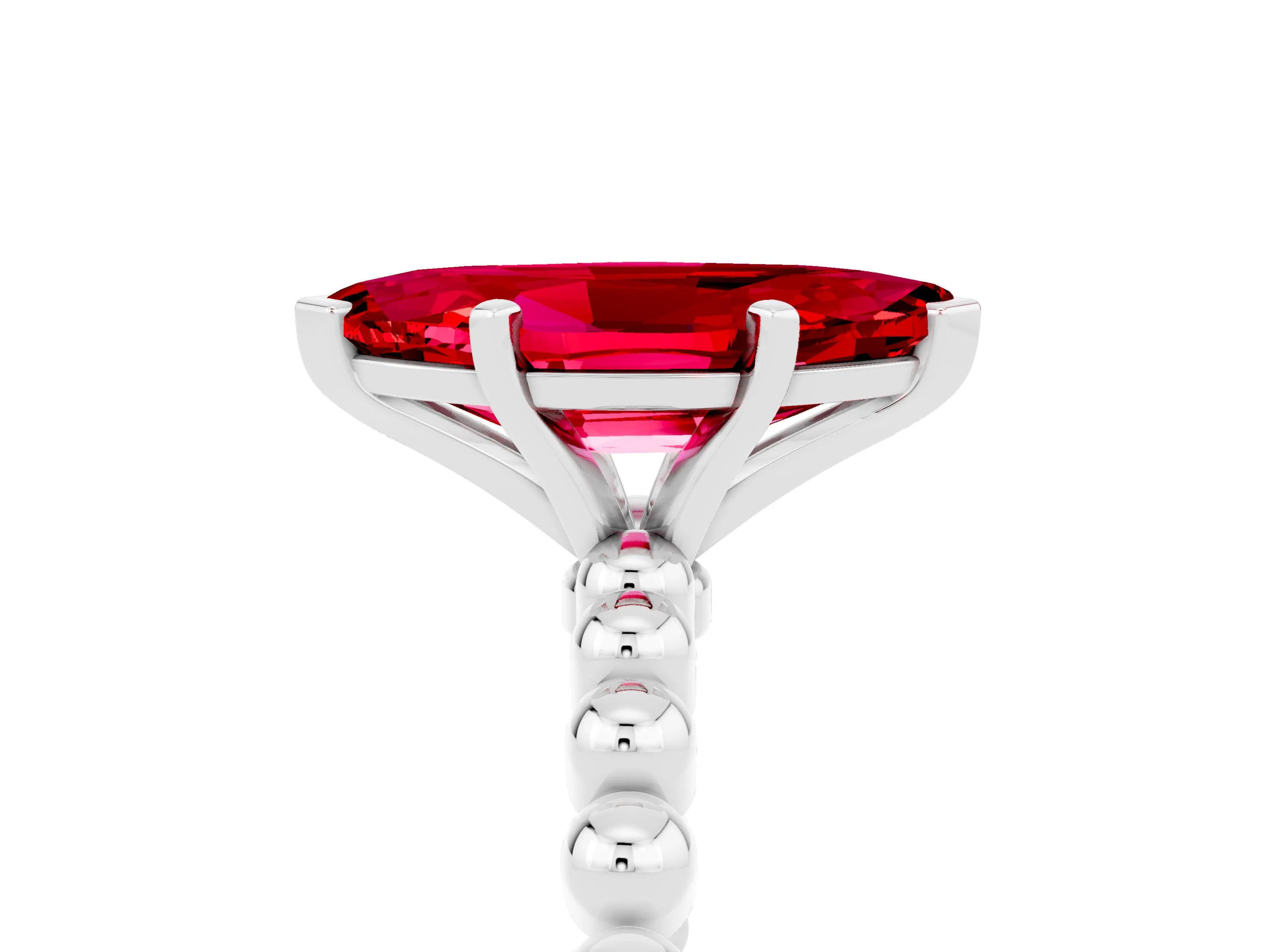 White gold Marquise Cut Ruby Solitaire Ring with Beaded Band and Prong Setting_11