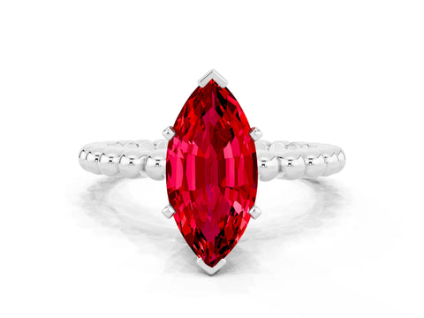 White gold Marquise Cut Ruby Solitaire Ring with Beaded Band and Prong Setting_12