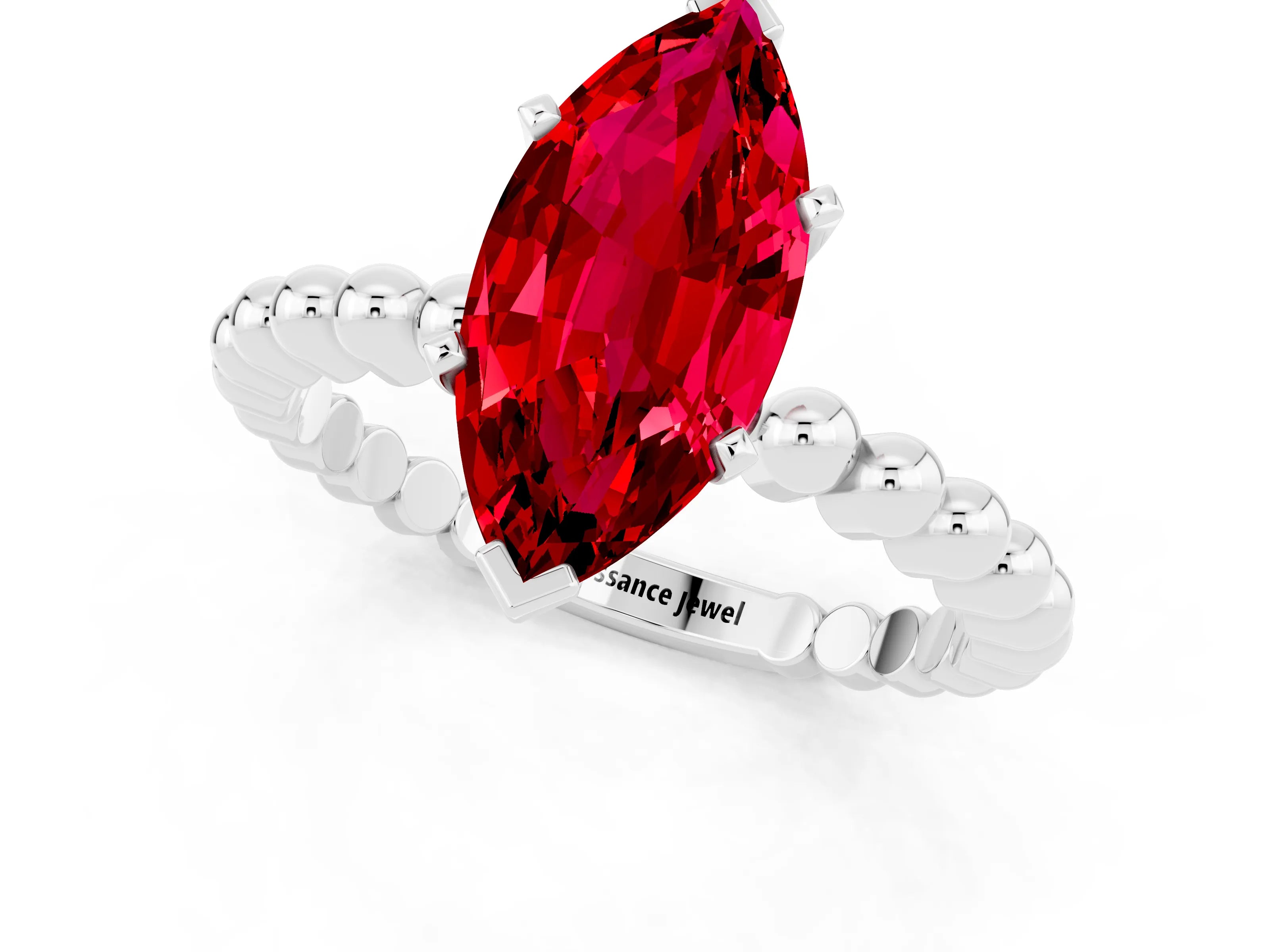 White gold Marquise Cut Ruby Solitaire Ring with Beaded Band and Prong Setting_13