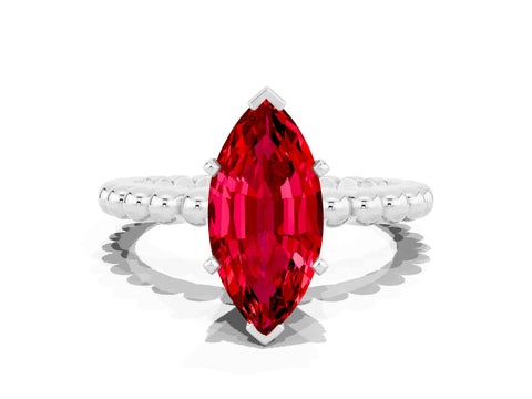 White gold Marquise Cut Ruby Solitaire Ring with Beaded Band and Prong Setting_18