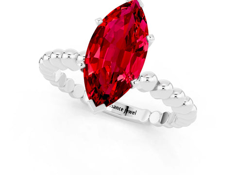 White gold Marquise Cut Ruby Solitaire Ring with Beaded Band and Prong Setting_19