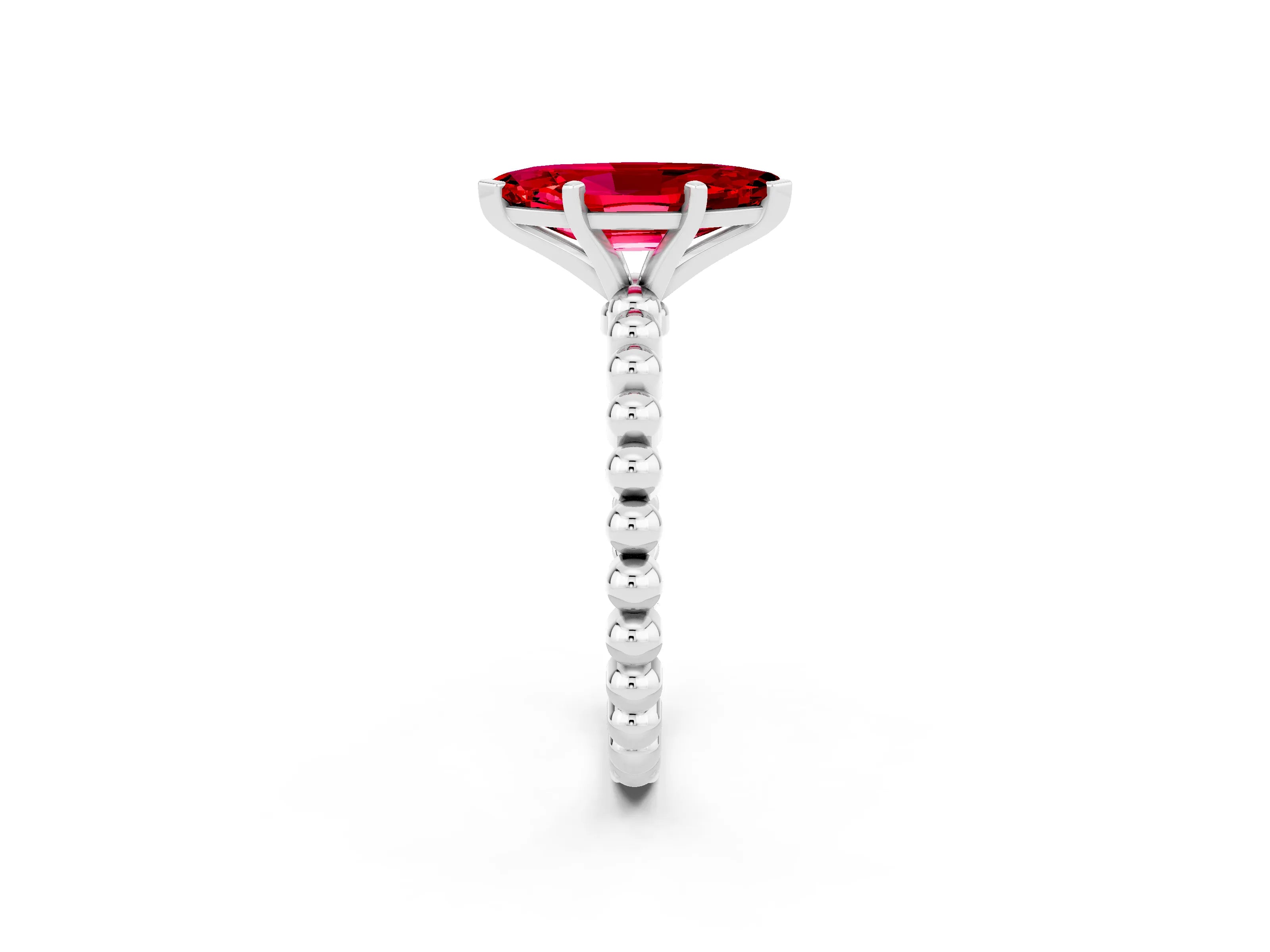 White gold Marquise Cut Ruby Solitaire Ring with Beaded Band and Prong Setting_2