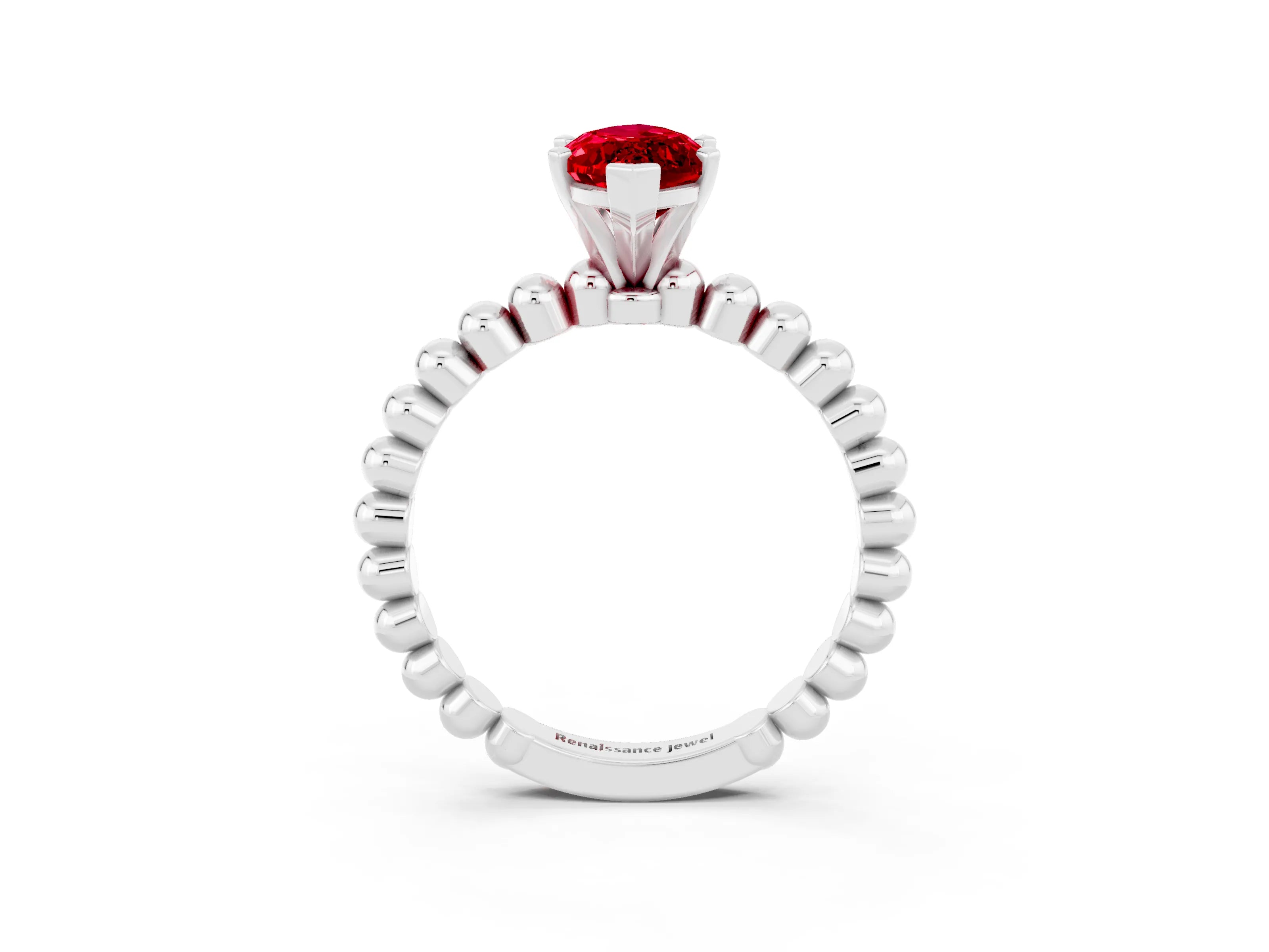White gold Marquise Cut Ruby Solitaire Ring with Beaded Band and Prong Setting_21