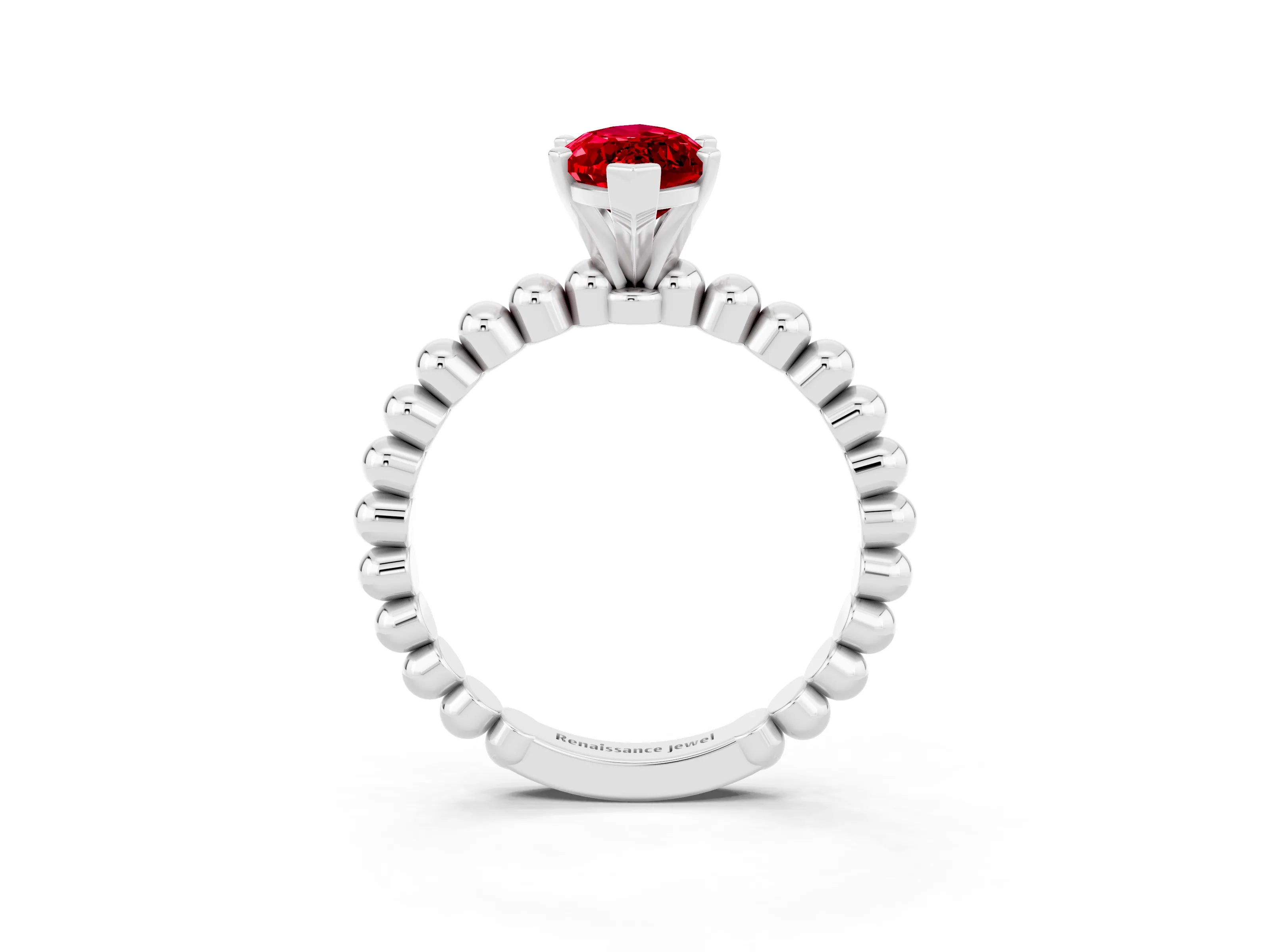 White gold Marquise Cut Ruby Solitaire Ring with Beaded Band and Prong Setting_3