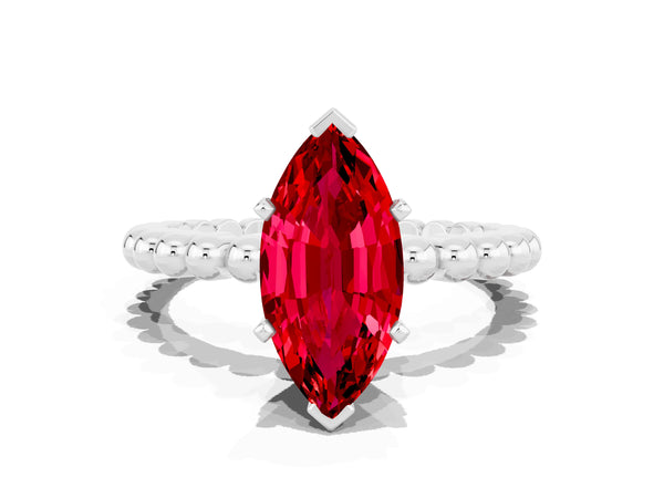 Platinum Marquise Cut Ruby Solitaire Ring with Beaded Band and Prong Setting