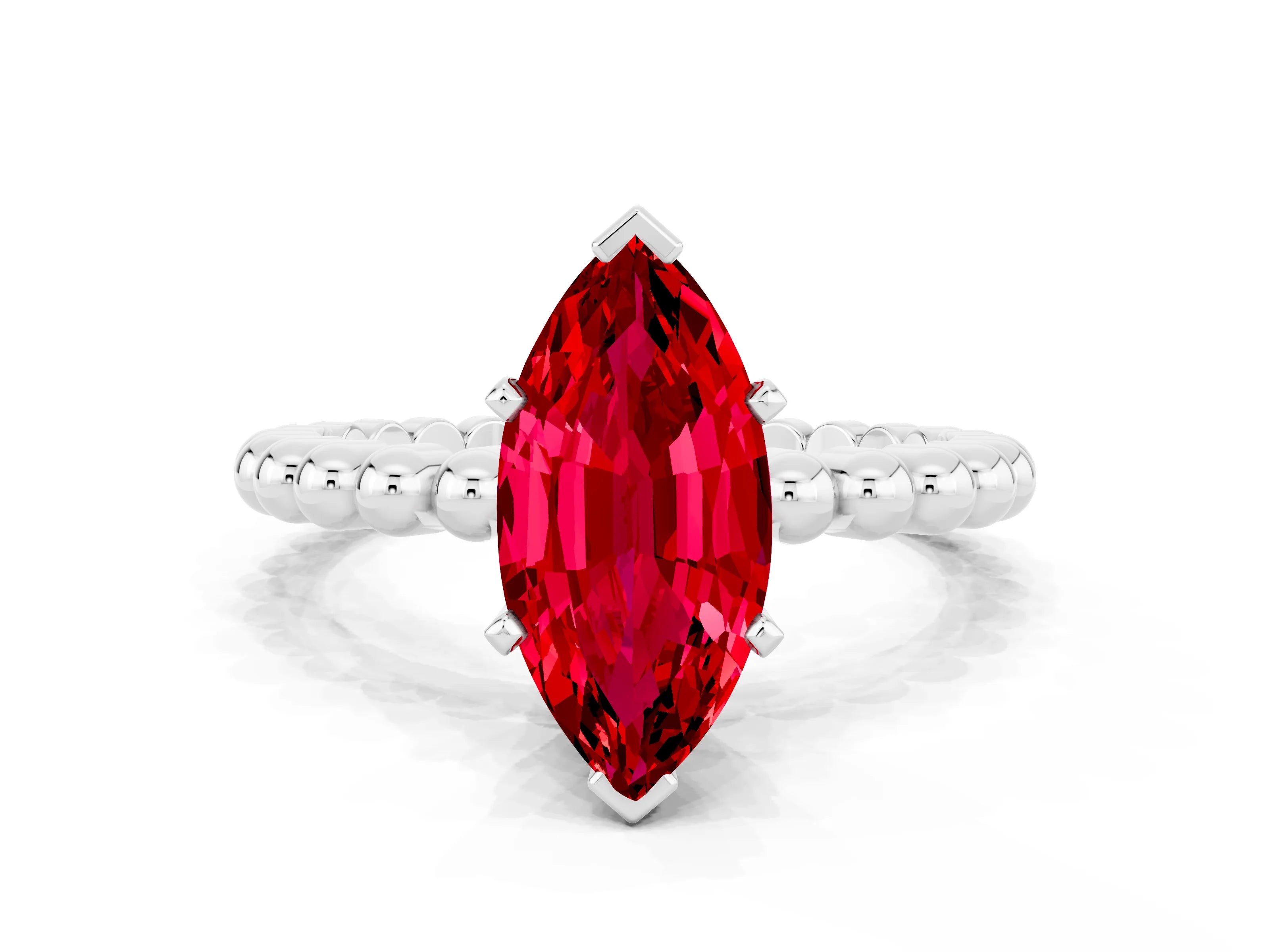 White gold Marquise Cut Ruby Solitaire Ring with Beaded Band and Prong Setting