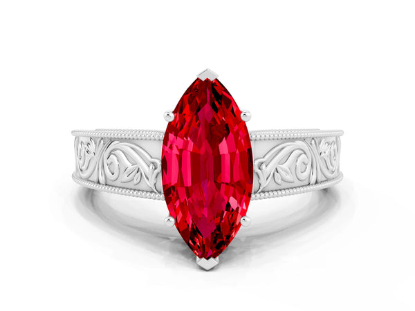 Platinum Marquise Cut Ruby Solitaire Ring with Engraved Band and Four-Prong Setting
