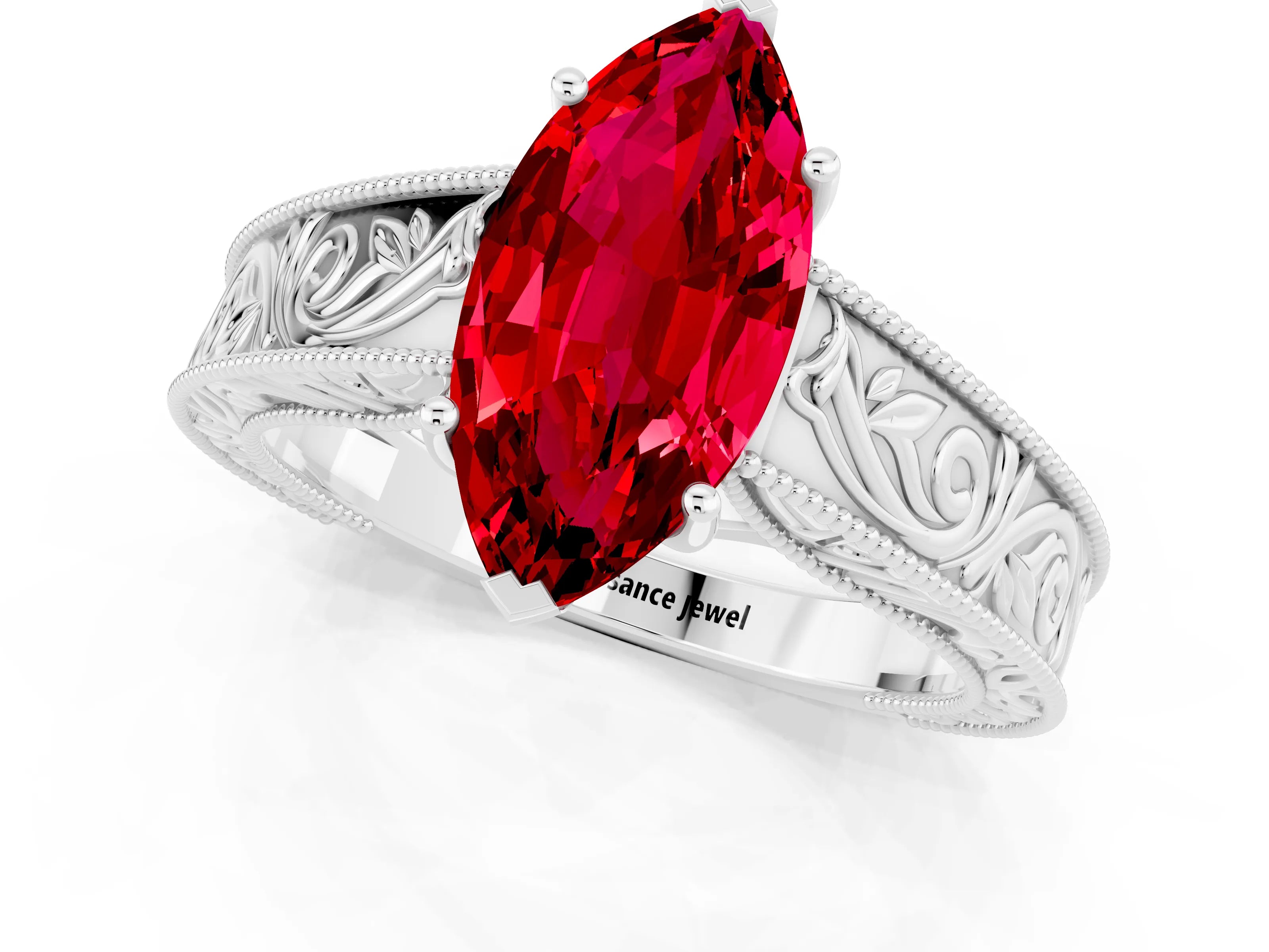 White gold Marquise Cut Ruby Solitaire Ring with Engraved Band and Four-Prong Setting_1