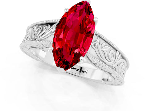 White gold Marquise Cut Ruby Solitaire Ring with Engraved Band and Four-Prong Setting_1