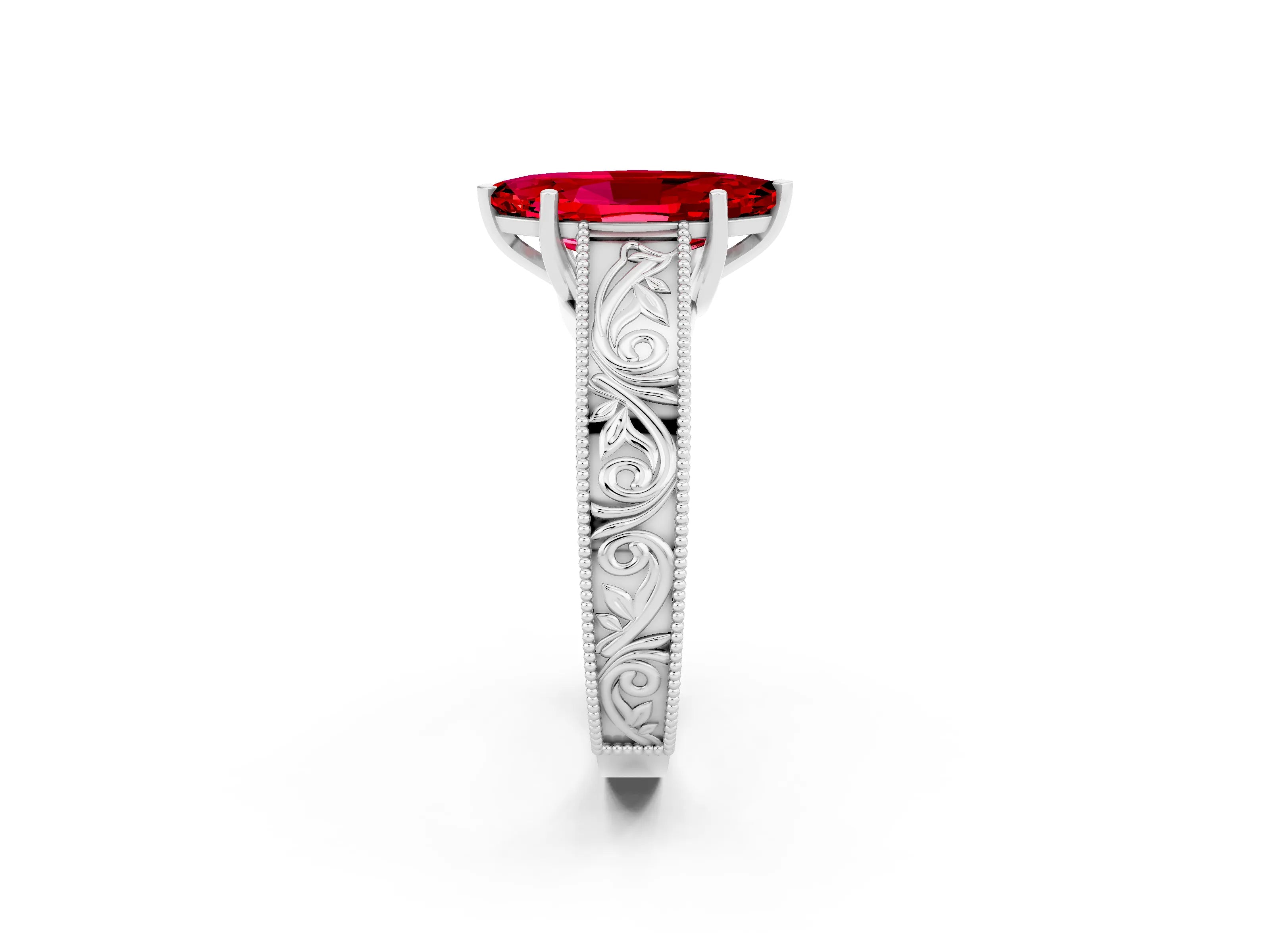White gold Marquise Cut Ruby Solitaire Ring with Engraved Band and Four-Prong Setting_2