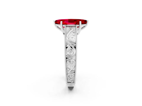 White gold Marquise Cut Ruby Solitaire Ring with Engraved Band and Four-Prong Setting_2