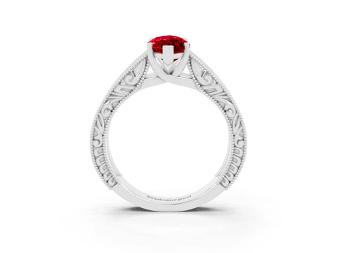 White gold Marquise Cut Ruby Solitaire Ring with Engraved Band and Four-Prong Setting_3