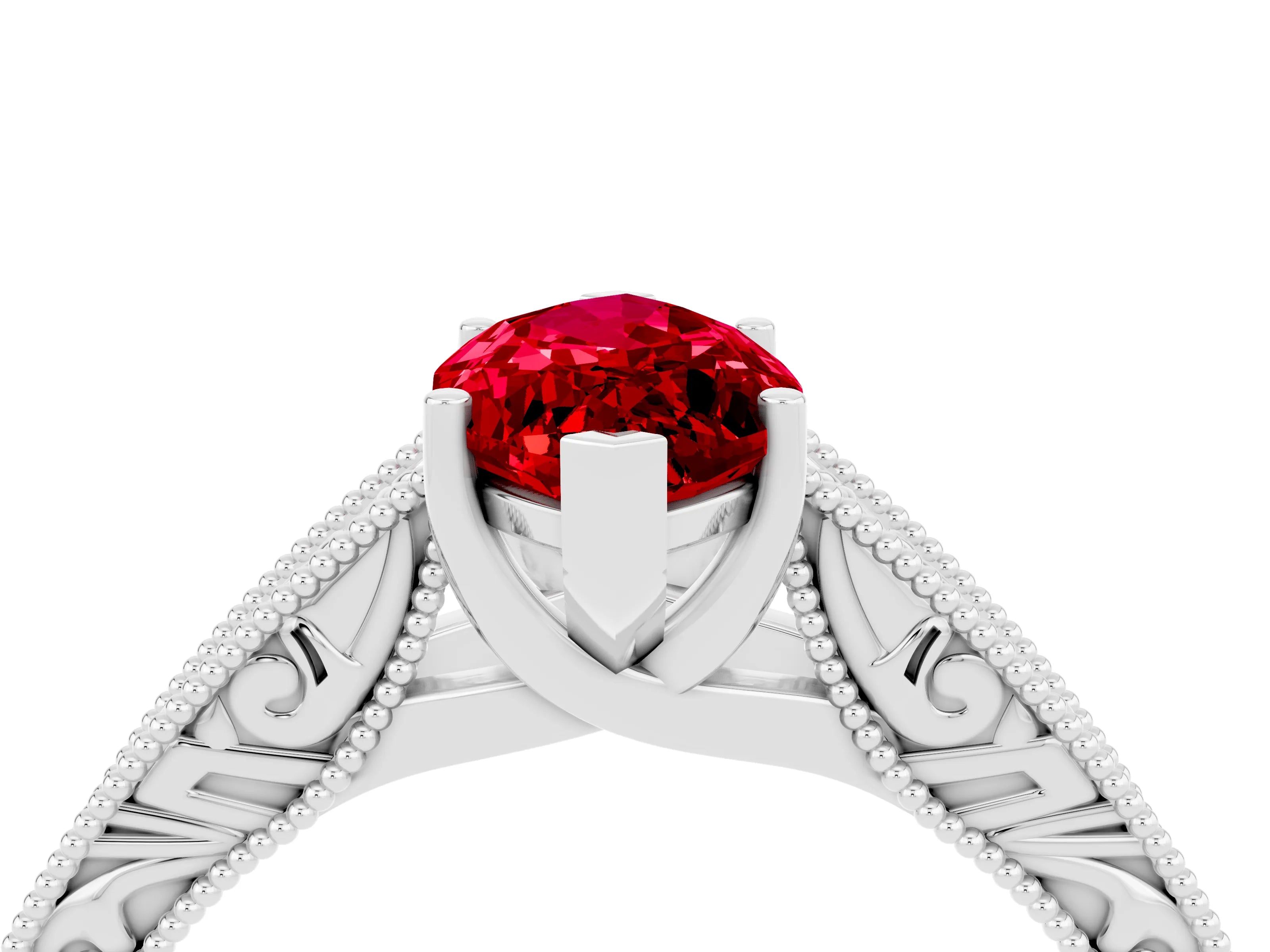 White gold Marquise Cut Ruby Solitaire Ring with Engraved Band and Four-Prong Setting_4