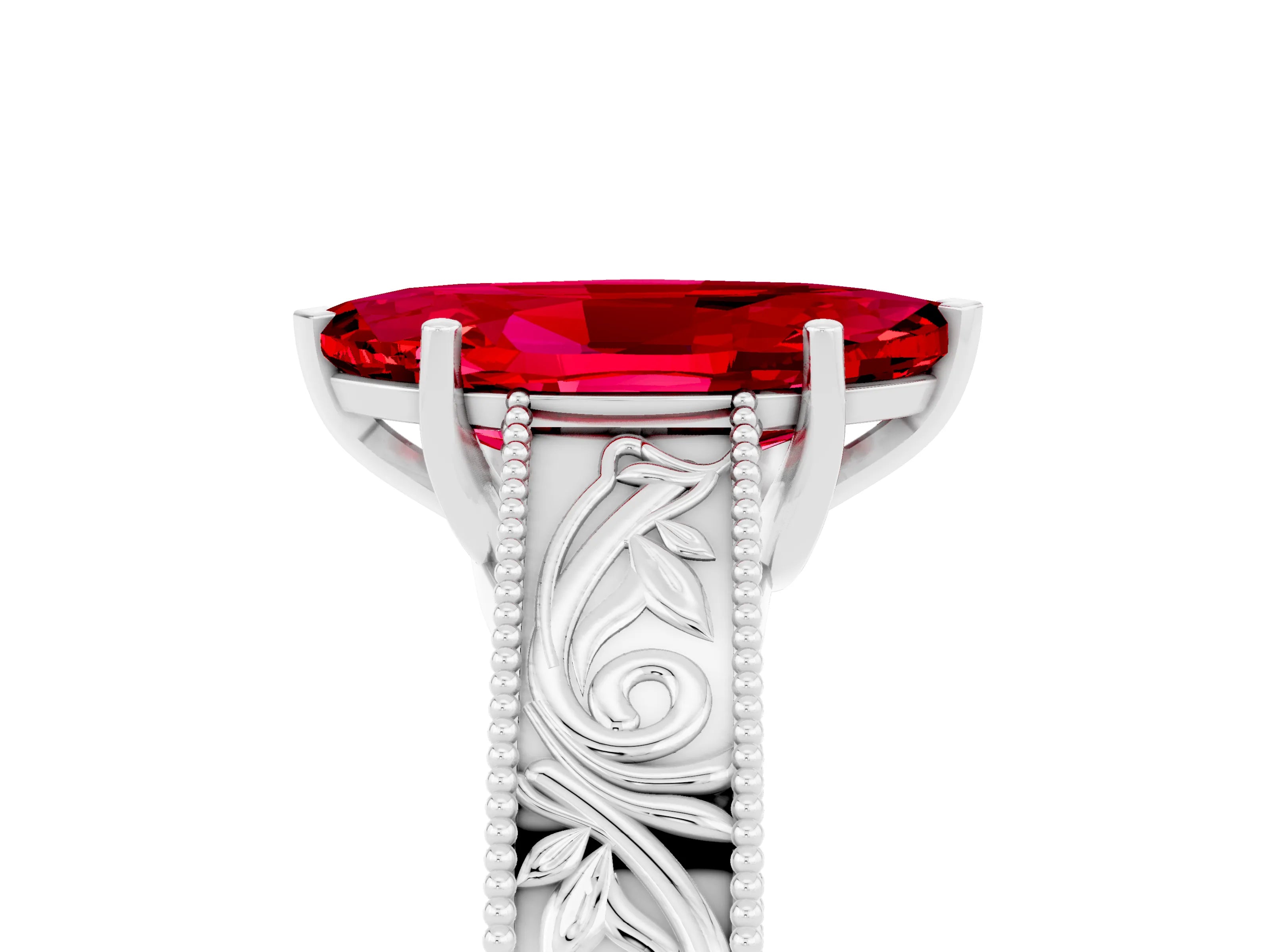 White gold Marquise Cut Ruby Solitaire Ring with Engraved Band and Four-Prong Setting_5