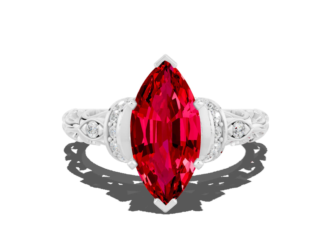White gold Marquise Cut Ruby Solitaire Ring with Filigree Band and Four-Prong Setting_24