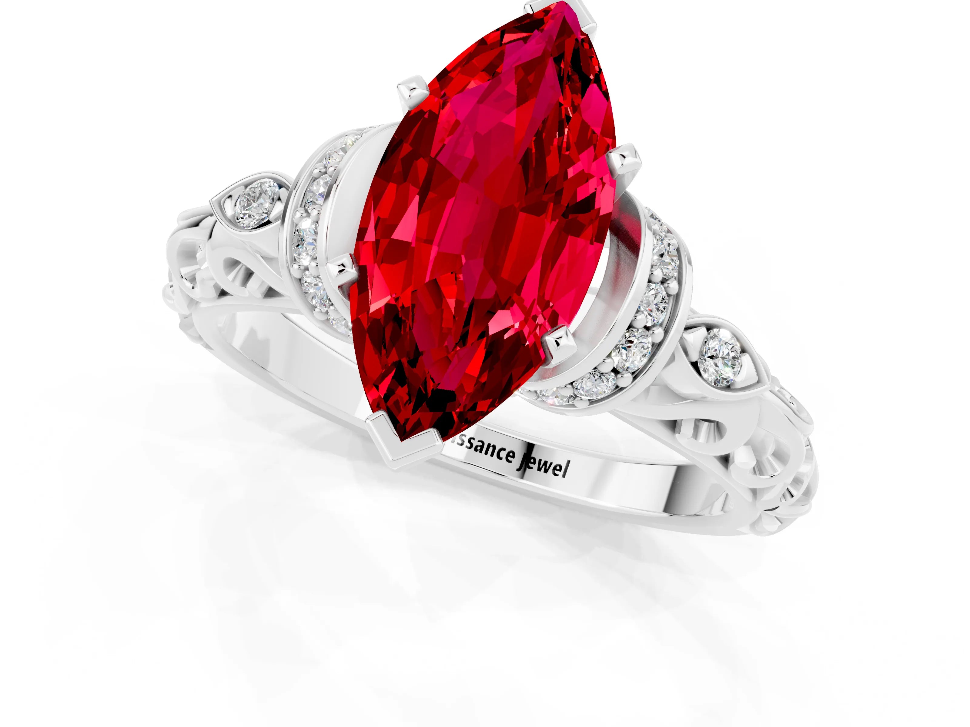 White gold Marquise Cut Ruby Solitaire Ring with Filigree Band and Four-Prong Setting_25