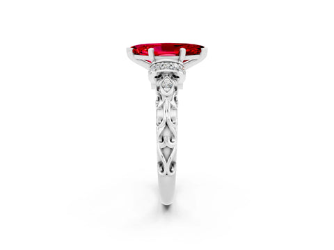 White gold Marquise Cut Ruby Solitaire Ring with Filigree Band and Four-Prong Setting_26