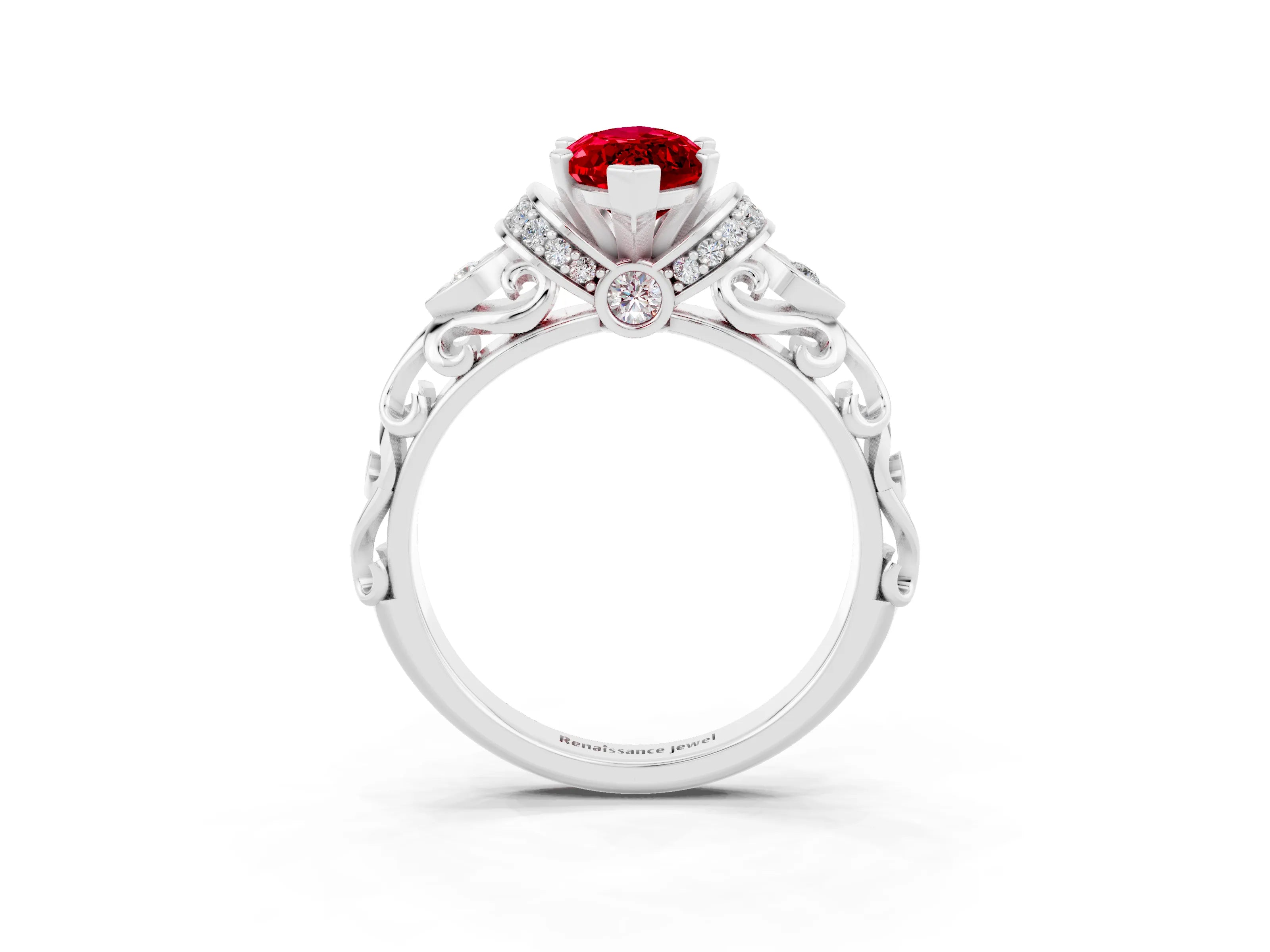 White gold Marquise Cut Ruby Solitaire Ring with Filigree Band and Four-Prong Setting_27