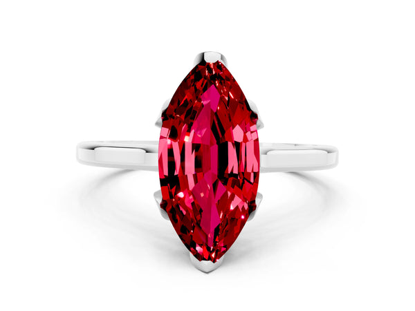 Platinum Marquise Cut Ruby Solitaire Ring with Flower Prong Setting and Classic Band