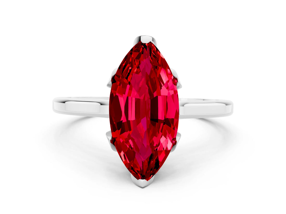 White gold Marquise Cut Ruby Solitaire Ring with Flower Prong Setting and Classic Band_13