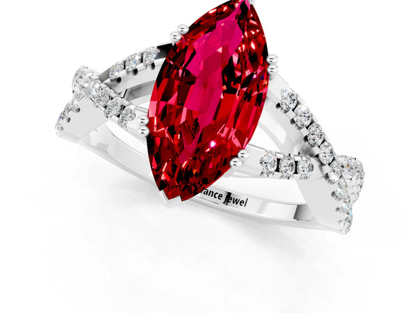 Silver Marquise Cut Ruby Solitaire Ring with Four-Prong Setting and Twisted Pavé Band