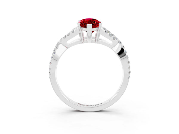 White gold Marquise Cut Ruby Solitaire Ring with Four-Prong Setting and Twisted Pavé Band