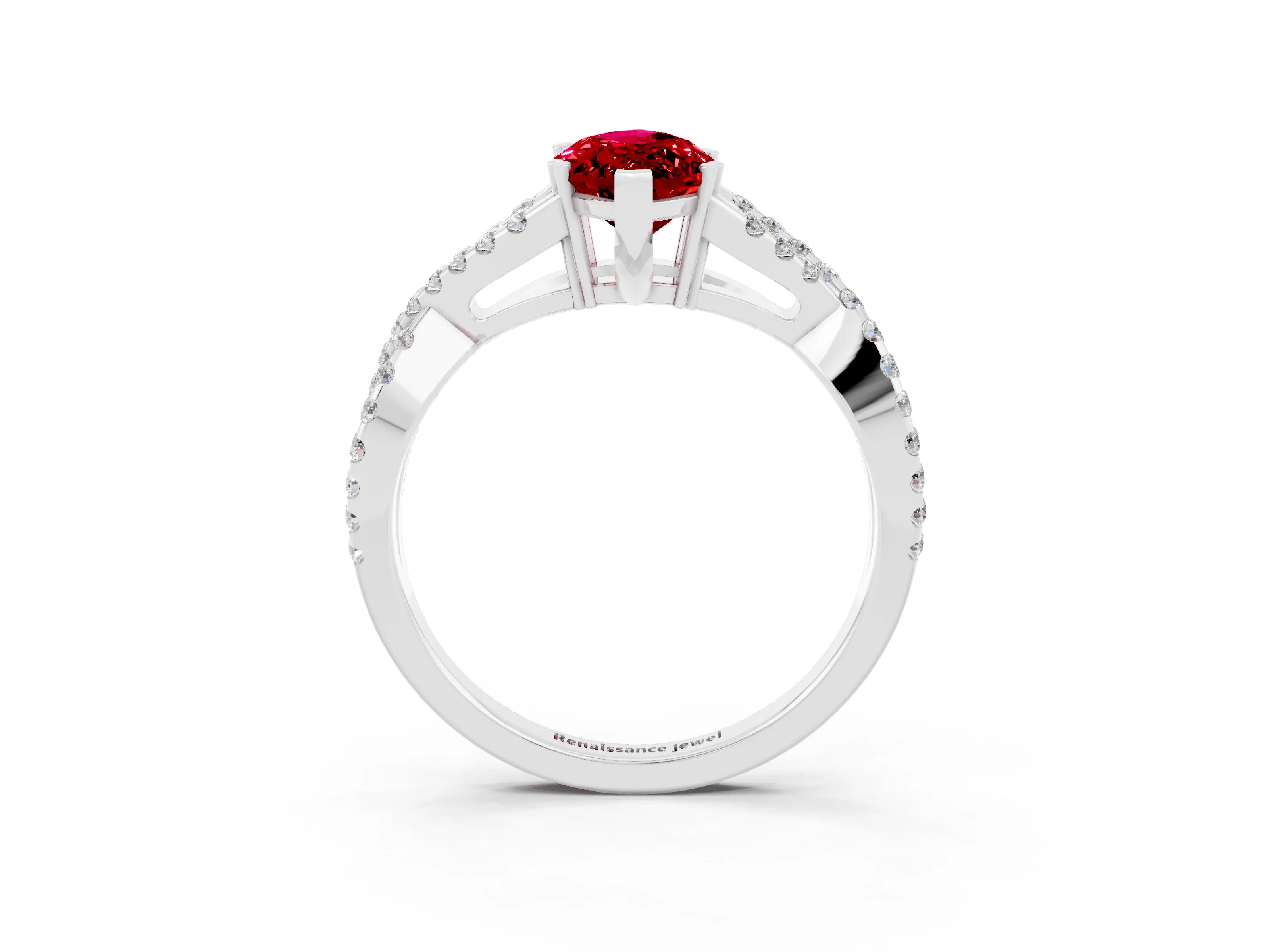 White gold Marquise Cut Ruby Solitaire Ring with Four-Prong Setting and Twisted Pavé Band_3
