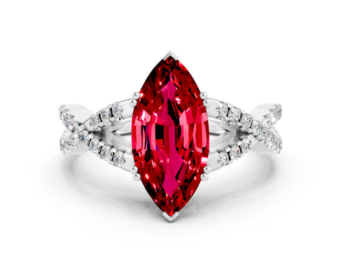 White gold Marquise Cut Ruby Solitaire Ring with Four-Prong Setting and Twisted Pavé Band