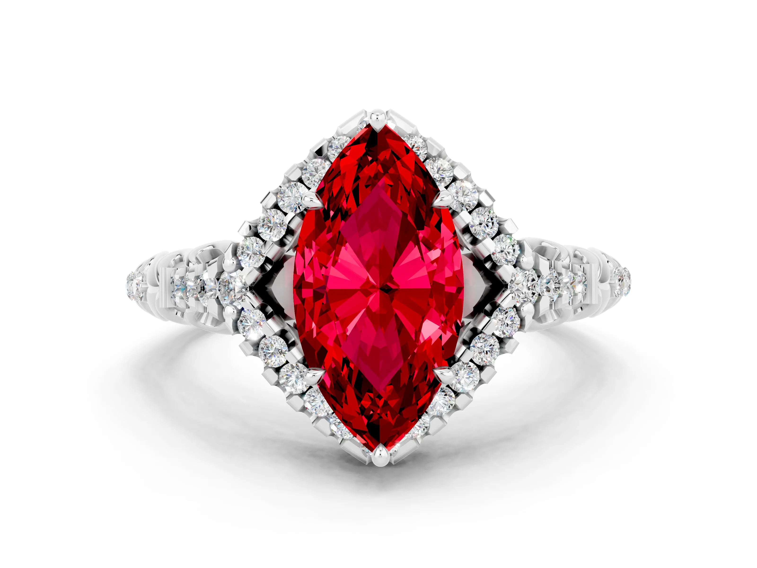 White gold Marquise Cut Ruby Solitaire Ring with Hidden Halo and Pavé Band_12