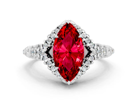 White gold Marquise Cut Ruby Solitaire Ring with Hidden Halo and Pavé Band_12
