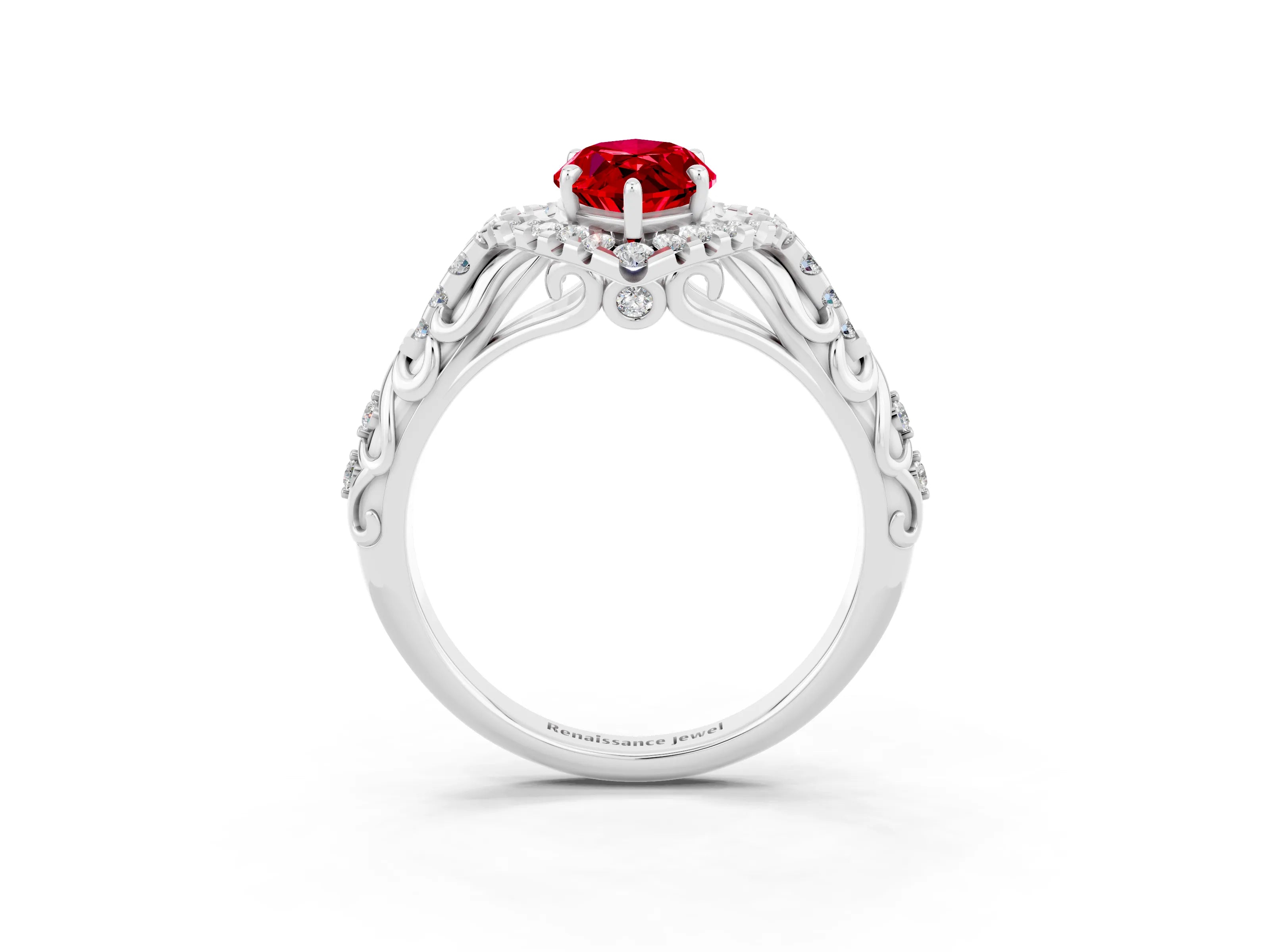 White gold Marquise Cut Ruby Solitaire Ring with Hidden Halo and Pavé Band_15
