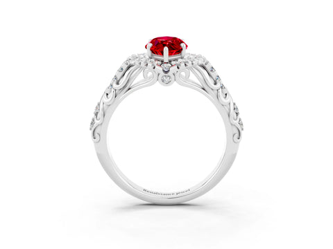 White gold Marquise Cut Ruby Solitaire Ring with Hidden Halo and Pavé Band_15