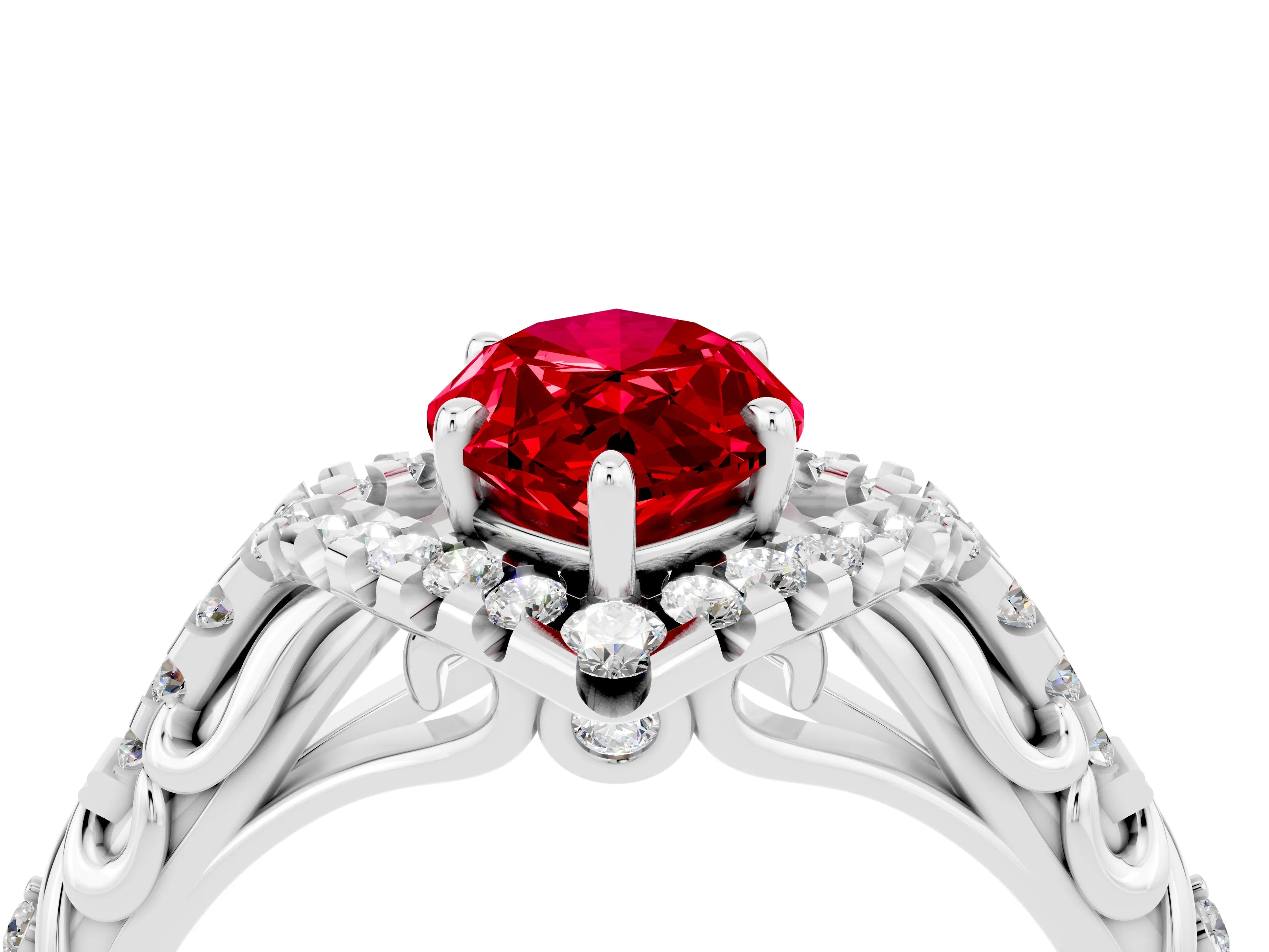 White gold Marquise Cut Ruby Solitaire Ring with Hidden Halo and Pavé Band_16