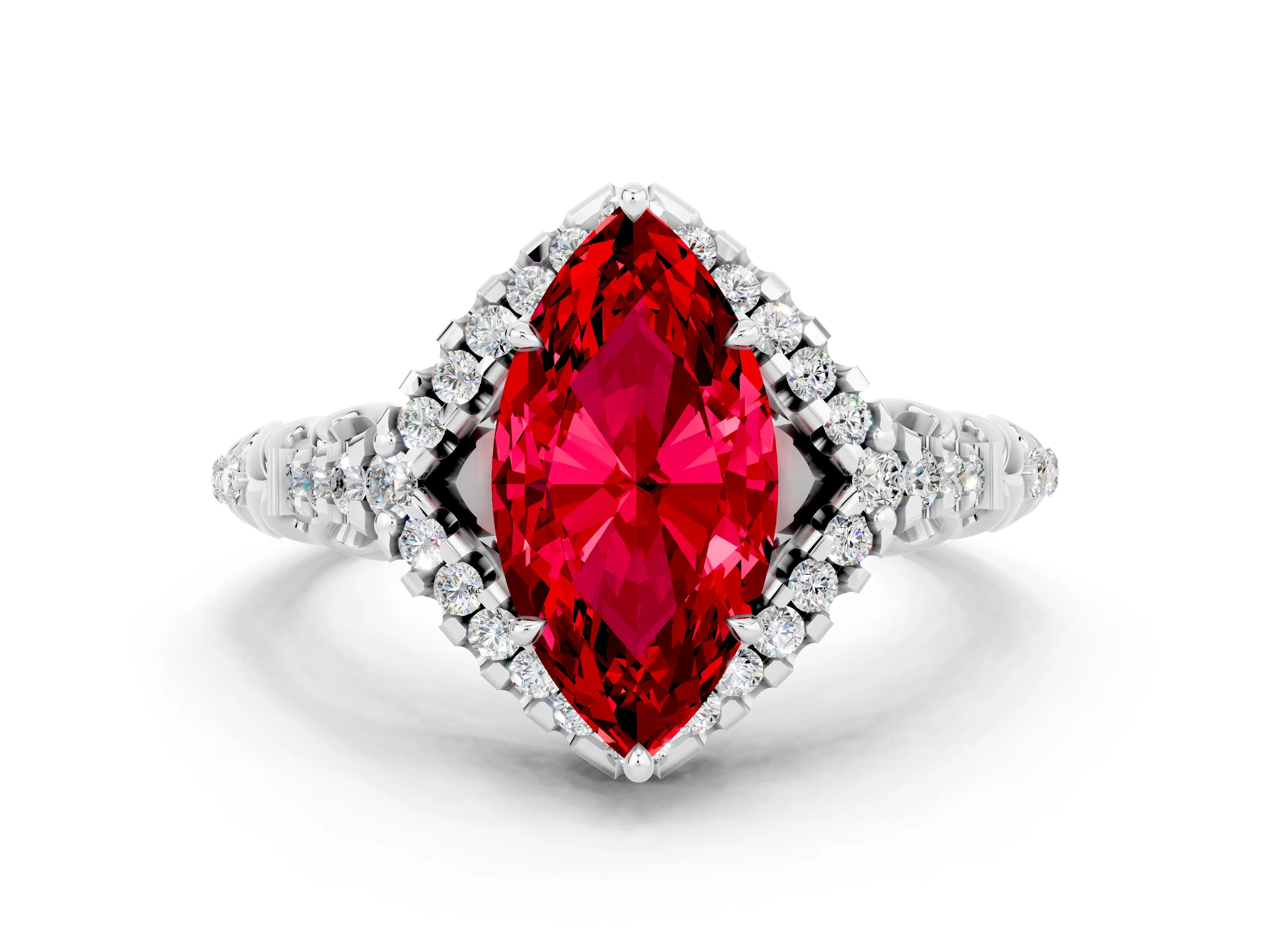 White gold Marquise Cut Ruby Solitaire Ring with Hidden Halo and Pavé Band_19