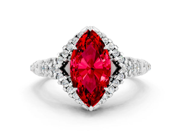 Platinum Marquise Cut Ruby Solitaire Ring with Hidden Halo and Pavé Band